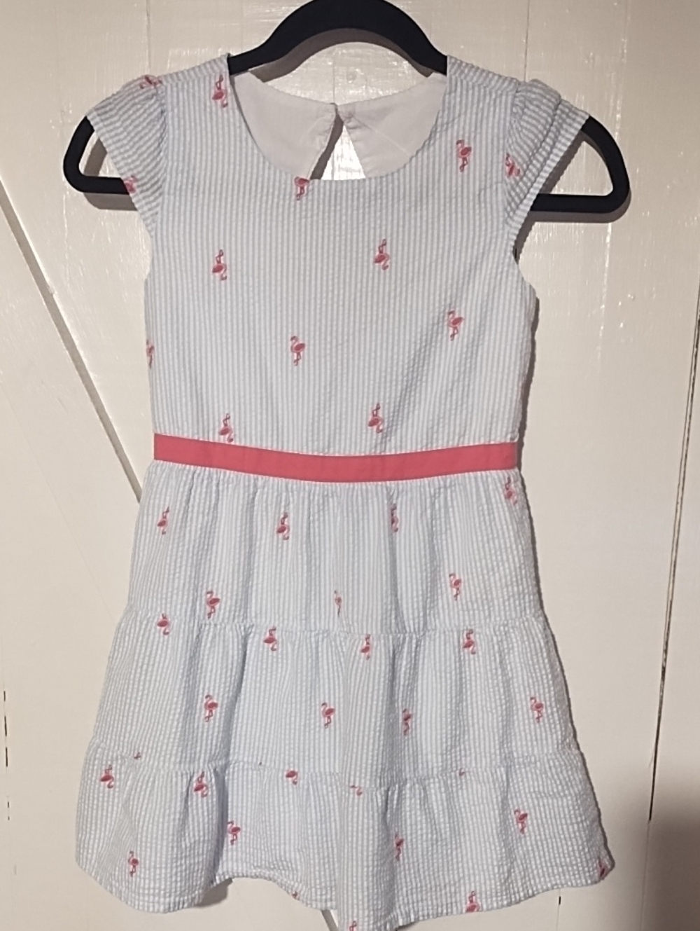 crown & ivy Light Blue Seersucker Dress with Pink Flamingo Accents EUC 10.